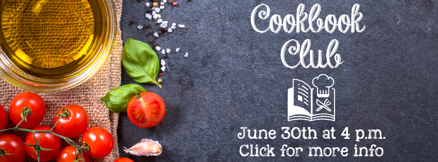 Chalkboard background with food on the left side advertising a cookbook club