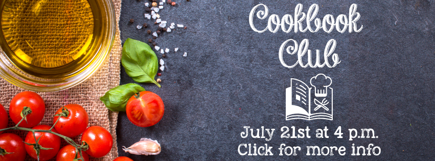 Chalkboard background with food on the left side advertising a cookbook club