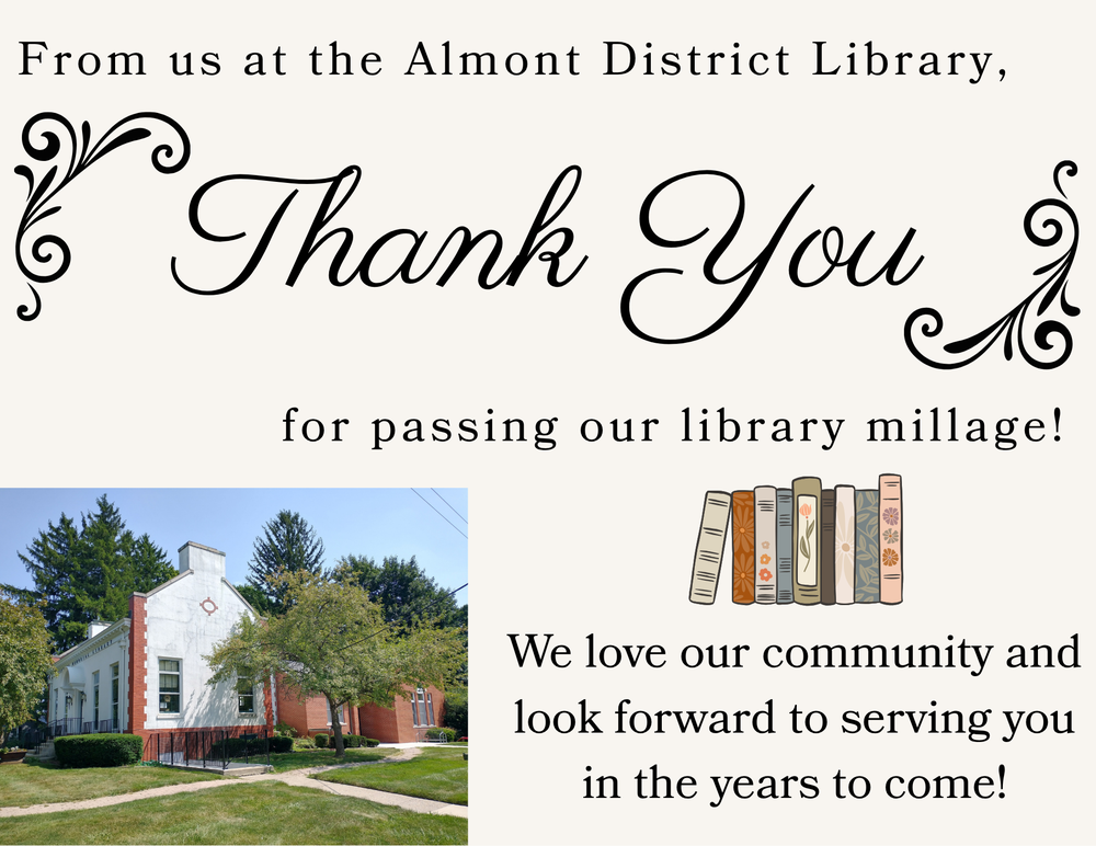 Cream background with a picture of the library thanking the community for passing the millage