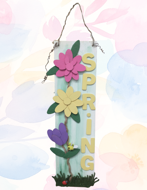 Watercolor flower background with a sign that has wood flowers and the word "Spring"