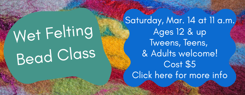 Colorful felt background with abstract shapes in blues and greens advertising wet felting bead class