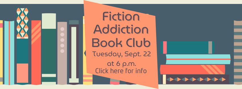 Fiction book club button with orange diamond and books in backgroud