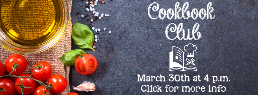 Chalkboard background with food on the left side advertising a cookbook club