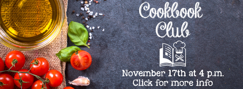 Chalkboard background with food on the left side advertising a cookbook club